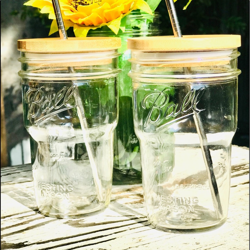 Mason Jar Drinking Glasses with Bamboo Lid and Reusable Straw